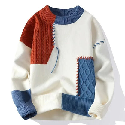 2025 Autumn Winter Men's Sweater Korean Fashion Men Clothing Patchwork Sweater Men Trend Streetwear Pullover O-Neck Sweaters Men