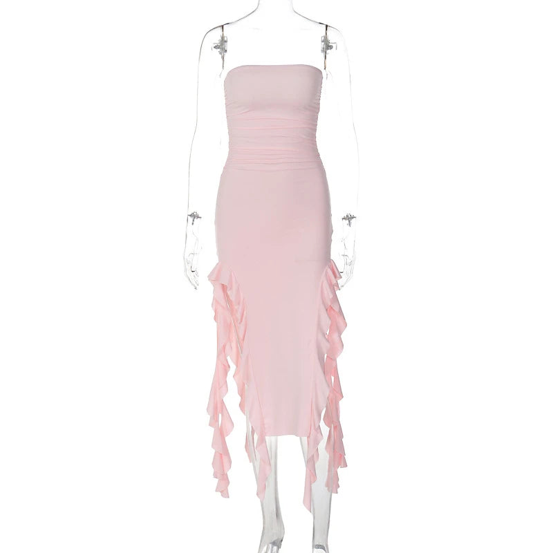 Elegant Strapless Sexy Maxi Dress Women's Irregular Tassel 2025 Summer Trend Skinny Split Bodycon Birthday Party Clubwear Dress