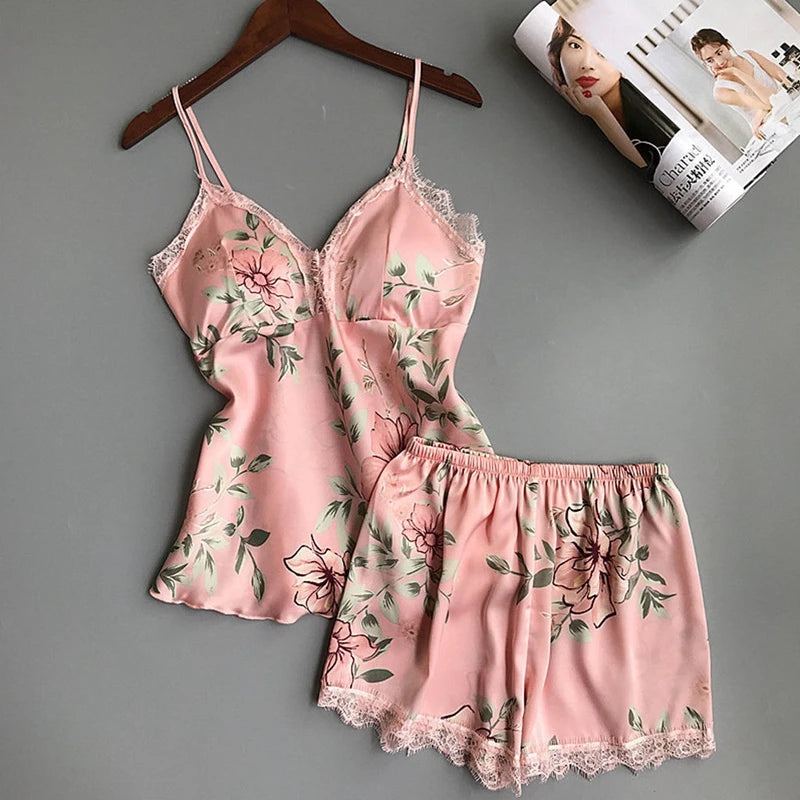 2pcs Floral Lingerie Set Women's Silk Satin Lace Vest Shorts Sleepwear Baby doll Lingerie Nightdress Pajamas Set