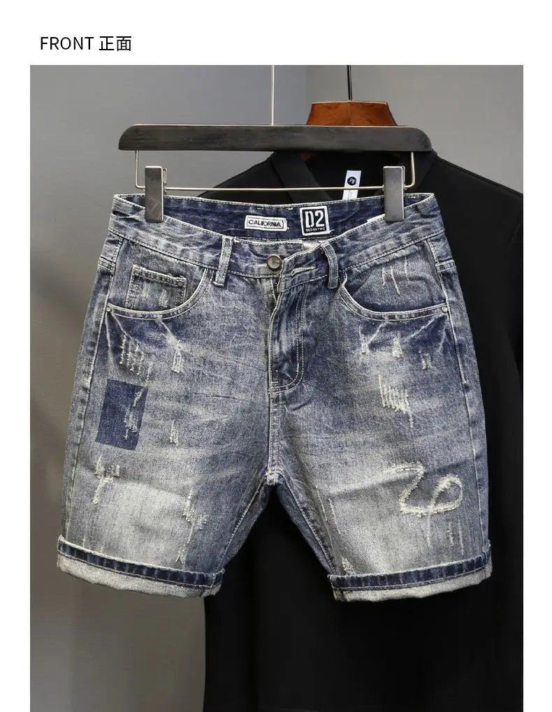 Korean Luxury Clothing Men's Summer Denim Knee Length Shorts 2025 Fashion Designer Ripped Hole Cowboy Korean Slim Short Pants
