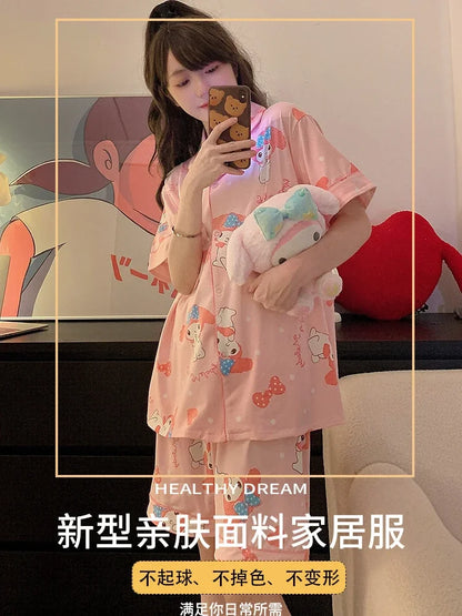 Plus Size Ins Cartoon Pajamas Set Korean Student Summer Internet Celebrity Girl Short Sleeve Shorts Thin Loose Home wear