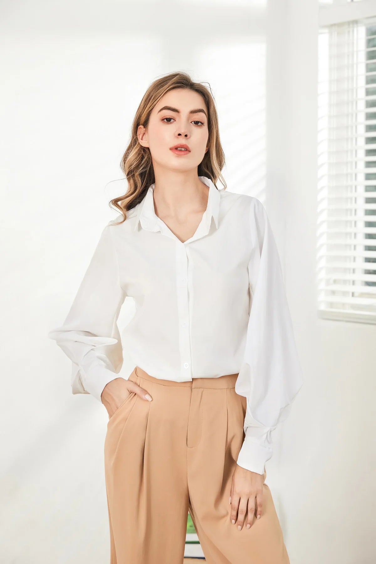 Lantern Sleeves Vintage Shirts Women Elegant White Women's Blouse with Lush Sleeves 2025 Fashion Button Up Shirt Black dropship