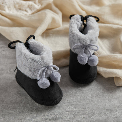 Suefunskry Toddler Baby Girls Boys Boots Winter Warm Soft Sole Fluffy Lace up Boots Cute Plush Pom Decoration Non Slip Shoes