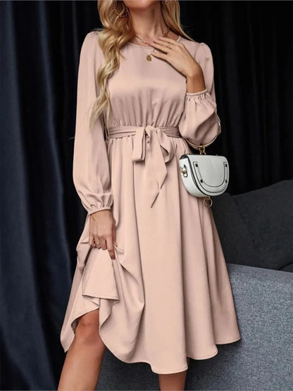 Summer Women's New Fashion Lantern Sleeves Keyhole Back Lace Up Waist Satin Round Neck Long Sleeve Medium Length Dress
