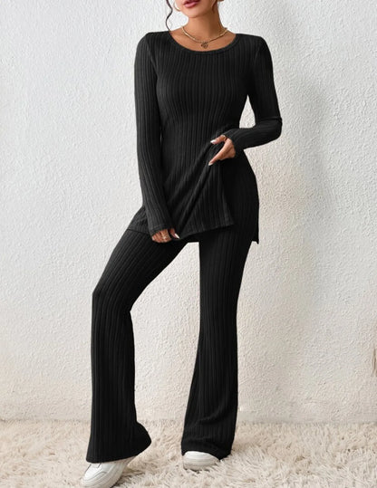 Autumn Winter Women's Clothing New Style Solid Color Sexy Casual Long Sleeved Round Neck Slit Fashion Temperament Two-piece Set