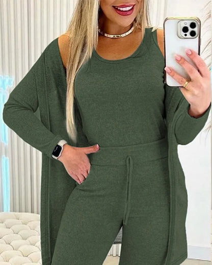 Elegant Fall Outfits Women 2025 Suit Fashion Versatile Casual Round Neck Tank Top & Drawstring Pants Set with Coat Three-piece