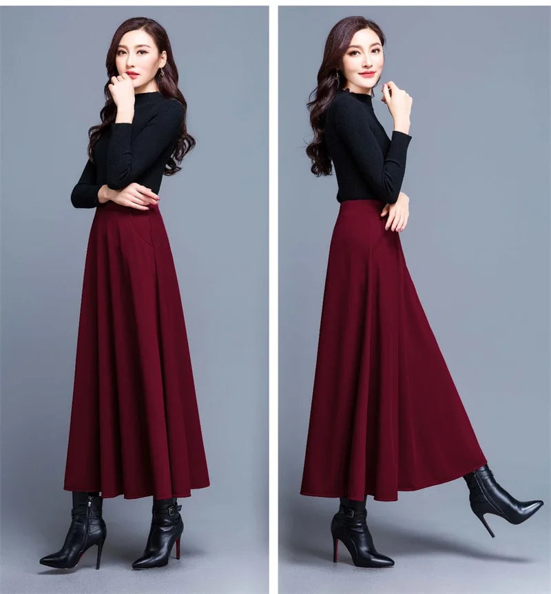 Spring Autumn Large Size A-Line Skirts Women Elastic High Waist Wine Red Black Long Skirt Female Casual Solid Color Maxi Skirts