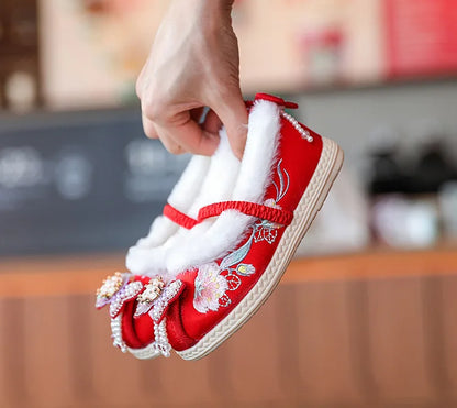 Kids Princess Embroidery Shoes Girls Winter Warm Cotton Shoes Traditional Chinese Style Children Hanfu Performance Flats Shoes