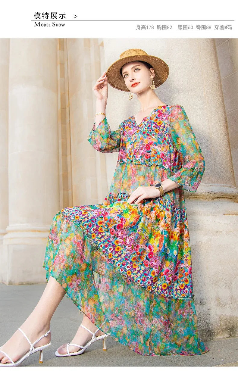 High Quality Summer 2025 Beach Boho Vintage Print Chiffon V Neck Dress Elegant Party Robe Designer Vespids Loose Midi Dress