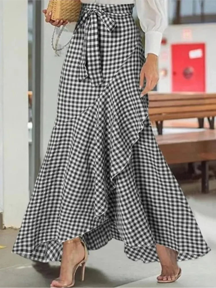 Spring Autumn Women Long Skirt High Waist Lace-up Ruffle Trim Plaid Print Bow Tie Irregular Hem Maxi Skirt Female 2025 New