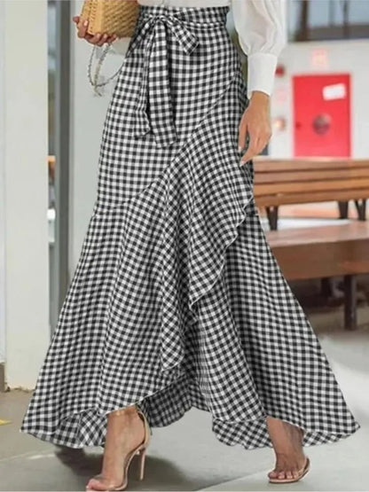 Spring Autumn Women Long Skirt High Waist Lace-up Ruffle Trim Plaid Print Bow Tie Irregular Hem Maxi Skirt Female 2025 New