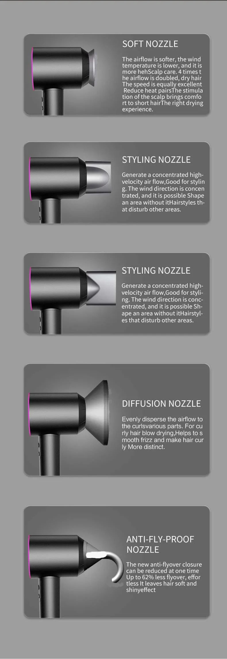 Professional Leafless Hair Dryer Negative Ion Quick Drying Home Powerful 5 Attachment Constant Anion Electric Hair Dryer