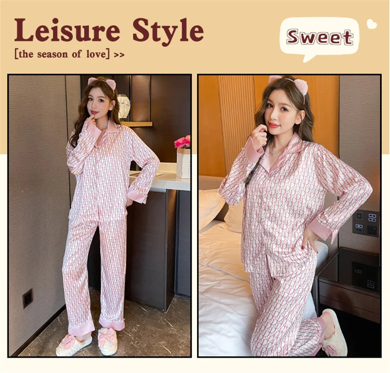 Women Casual Luxury Pajamas Thin Pajamas Female Sleepwear New Elegant Ladies Faux Silk Polyester Dots Pajama Sets Sexy Home wear