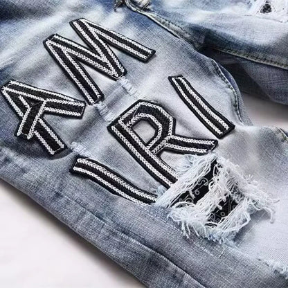 2025 New Punk Men Black Blue Letter Embroidery Jeans Streetwear Holes Ripped Denim Pants Men's Hip Hop Slim Jean Hombre Trousers
