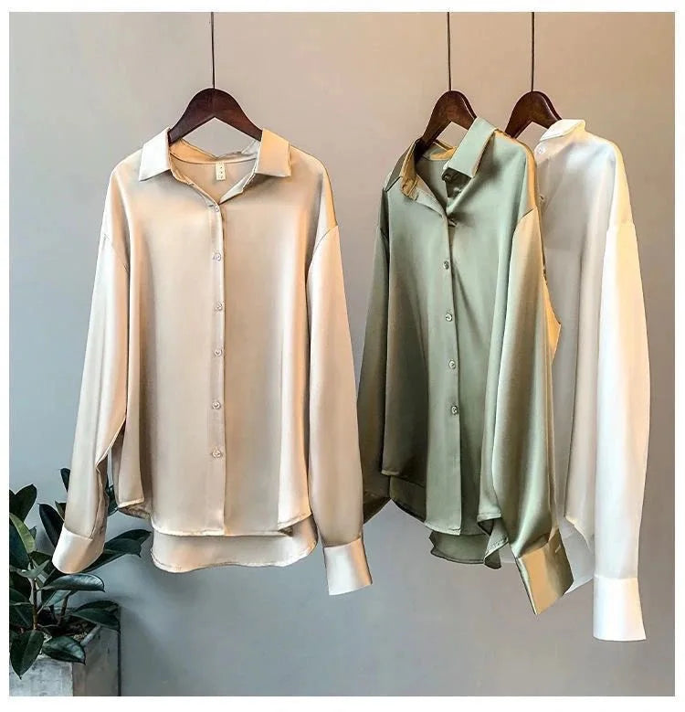 Spring Fashion Button Satin Silk Shirt Hong Kong Style Retro Shirt Women's White Top Women's Long sleeved Women's Loose Street