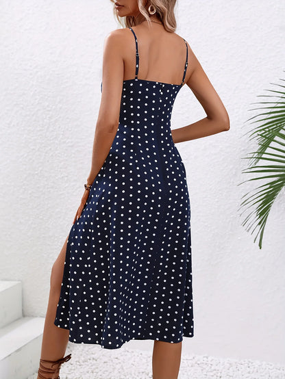 2025 Summer Sexy Spaghetti Straps Dress Women Fashion Polka Dot Print Sleeveless Slit Dress Boho Casual Beach Midi Dresses