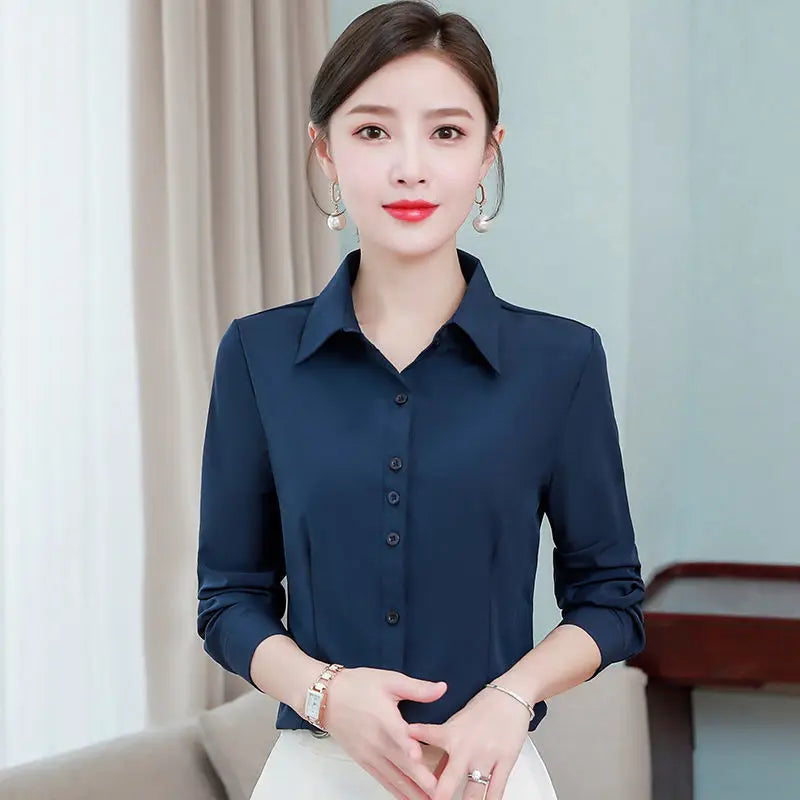 Blue Shirt Women Tops Long Sleeve Blouse Office Ladies Tops Casual Button Up Slim Work Shirts Work Korean Spring Blouse