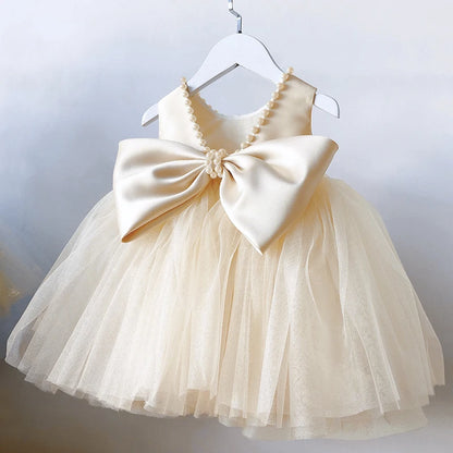 Toddler Baby Girls Dress Bow Baptism Dress for Girls 1 Yrs Birthday Party Wedding Beading Dress Formal Occasion Tutu Fluffy Gown