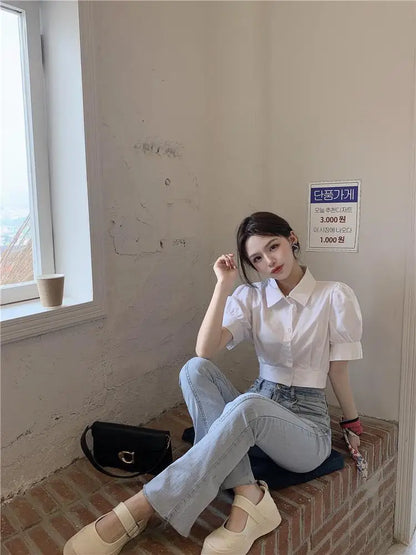 Korean Fashion Women's Shirt Summer Elegant Youth Blouses Clothes Preppy Puff Sleeve White Shirts Cropped Cute Top 2025