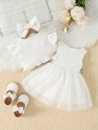 Newborn 2025 Baby Girls Dress Summer Waist Flower Vest Sleeveless Short Top Sweet Girl Lace Mesh Dress