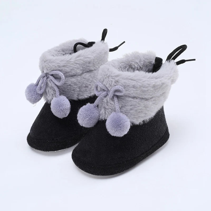 Winter Snow Baby Boots Faux Fur Warm Fluff Balls Indoor Cotton Soft Sole Infant Newborn Toddler Baby Shoes 0-18M