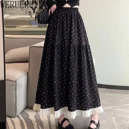 Summer White Floral Long Skirt Womens Y2k Clothes Fashion Elastic High Waist Casual Elegant Spliced Gauze Skirts for Women 2025