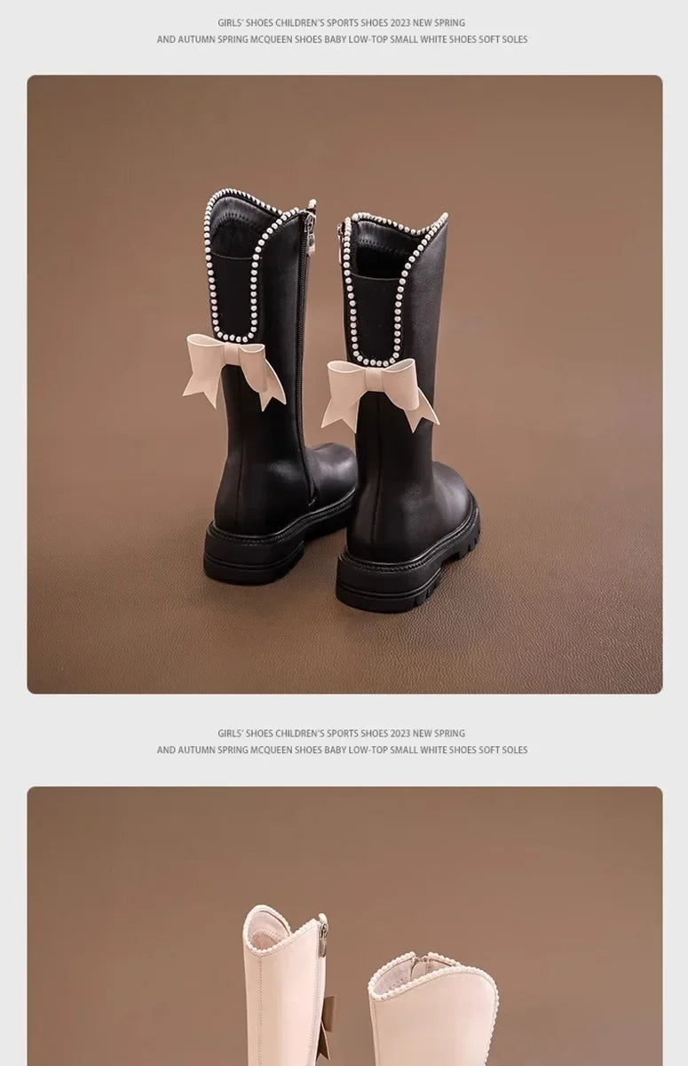 Long Boots for Girls and Children 2025 New Winter Long Leather Boots Princess Foreign Girls Plus Cashmere Shoes