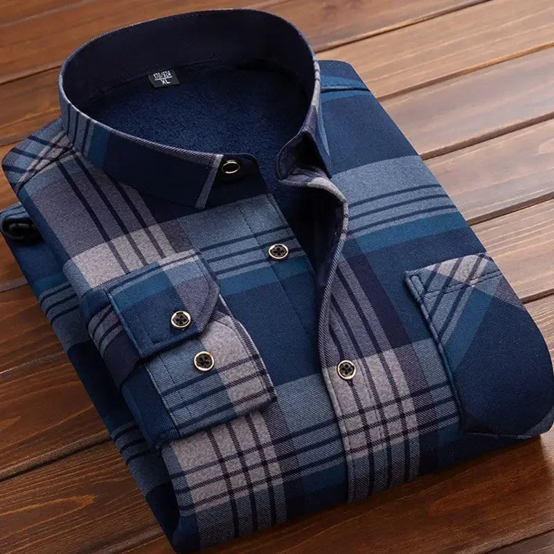 2025 Men's Autumn Winter Casual Fleece Plaid Shirt Fashion Soft Warm Turn Down Collar Long Sleeve Shirt Male High-Quality Tops