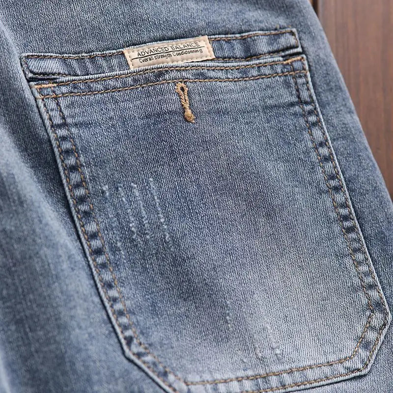 Korean Style Clothes Men's Denim Jeans with Elastic Waistband Drawstring for Washed Autumn Casual Stretch Jeans Male