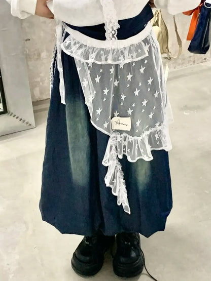 Fashion Star Gauze Sweet Irregular Chic Women Skirts Japanese Y2k Aesthetic Split Skirt Vintage Casual Lace Ruffled Fairy Faldas