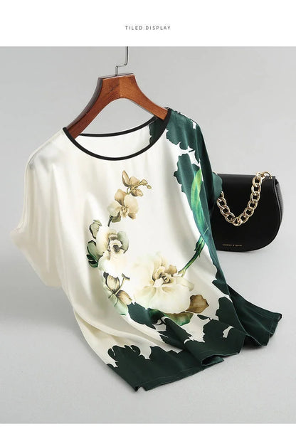 Plus Size Women Silk Satin Blouses Spring Summer Floral Printing Blouse Female Fashion Shirt Tops