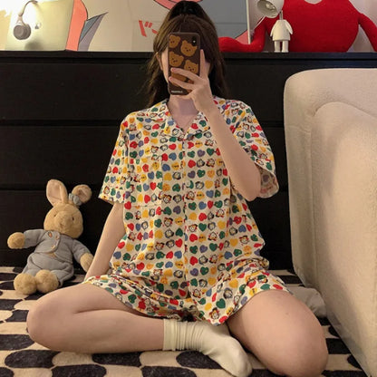 Plus Size Ins Cartoon Pajamas Set Korean Student Summer Internet Celebrity Girl Short Sleeve Shorts Thin Loose Home wear
