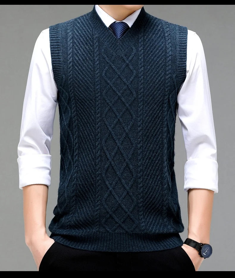 Stylish V-neck Jacquard Knit Sleeveless Sweater Vest for Men Middle-aged Men Fashion Solid Color Warm Top