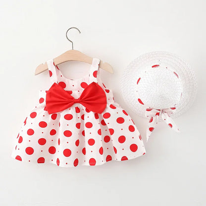 New In Summer Baby Girl Clothes Korean Cute Bow Dot Sleeveless Cotton Princess Dress+ Sunhat Toddler Dresses Sets BC007-1