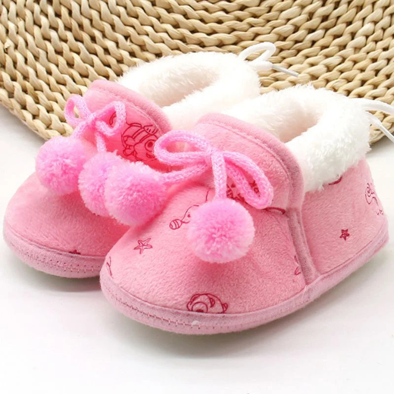 Winter Snow Baby Boots Cute Bear Warm Fluff Balls Indoor Soft Sole Infant Newborn Toddler Baby Shoes 0-18M