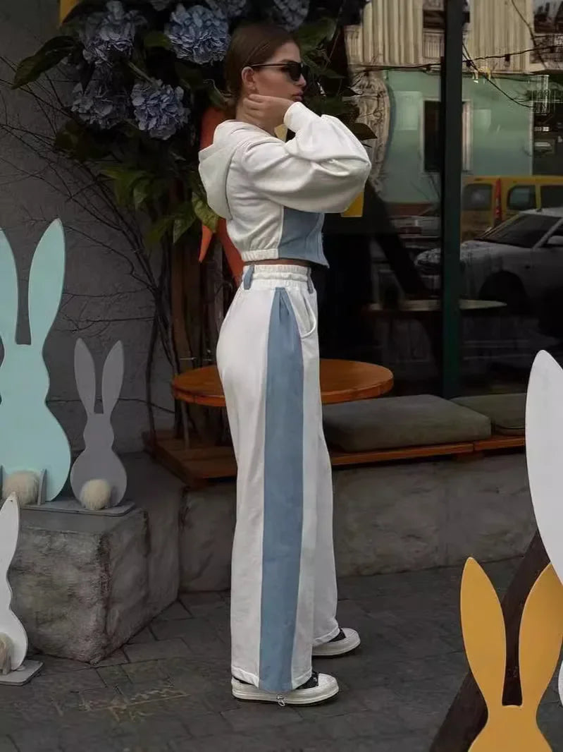 Casual Contrast Hoodies Pants Sets Women Slim Zipper Short Hooded Coats Lace Up Wide Leg Pant 2025 Autumn Lady Fashion Tracksuit