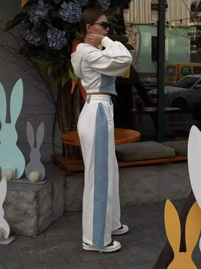 Casual Contrast Hoodies Pants Sets Women Slim Zipper Short Hooded Coats Lace Up Wide Leg Pant 2025 Autumn Lady Fashion Tracksuit