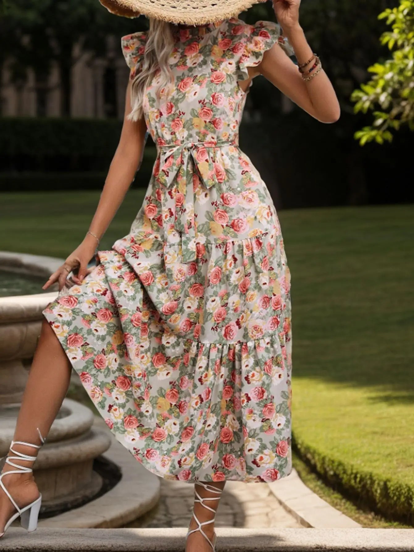 Elegant Floral Prints Dresses For Summer Women Dress 2025 New O-neck Short Flying Sleeves Lace Up High Waisted Midi Dress Woman