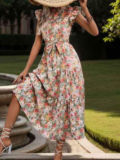 Elegant Floral Prints Dresses For Summer Women Dress 2025 New O-neck Short Flying Sleeves Lace Up High Waisted Midi Dress Woman