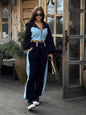Casual Contrast Hoodies Pants Sets Women Slim Zipper Short Hooded Coats Lace Up Wide Leg Pant 2025 Autumn Lady Fashion Tracksuit