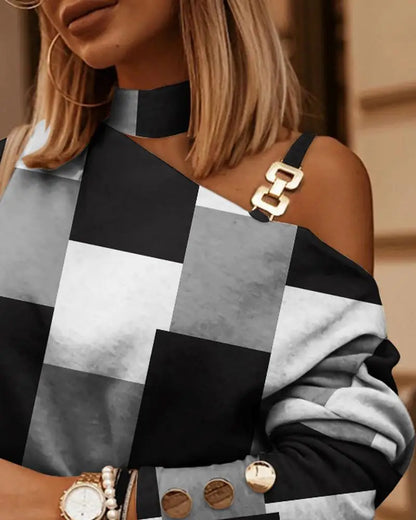 Sexy Off Shoulder Halter Neck Women Blouse Long Sleeve Fashion Print Casual Loose Tops 2025 Autumn Elegant Office Ladies Blouses