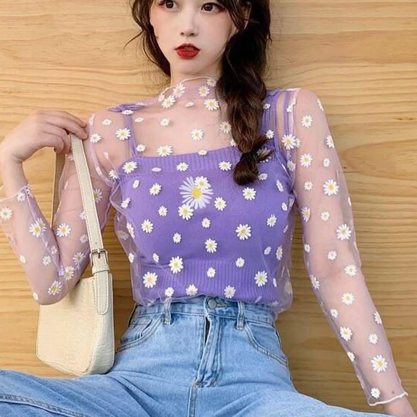 Women Daisy Print Lace Sheer Tops Sexy Tees Long Sleeve Thin Mesh Shirts Fashion Ladies Top 2025 Summer Sunscreen Blouse