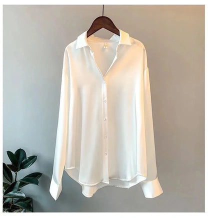 Spring Fashion Button Satin Silk Shirt Hong Kong Style Retro Shirt Women's White Top Women's Long sleeved Women's Loose Street
