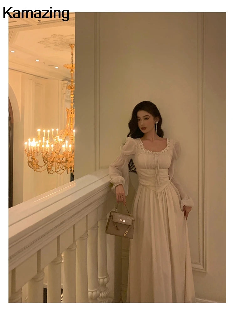 Elegant Square Collar Lace Dress Princess Evening Party Midi Dresses Women Autumn High Waist A-line Prom Robe One Piece Vestidos