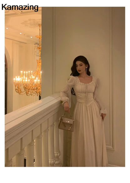 Elegant Square Collar Lace Dress Princess Evening Party Midi Dresses Women Autumn High Waist A-line Prom Robe One Piece Vestidos