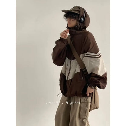 Men Jackets Hooded Baggy Patchwork Contrast Color Fashion Comfortable Waterproof Leisure Daily Retro Outer Japanese Style Chic