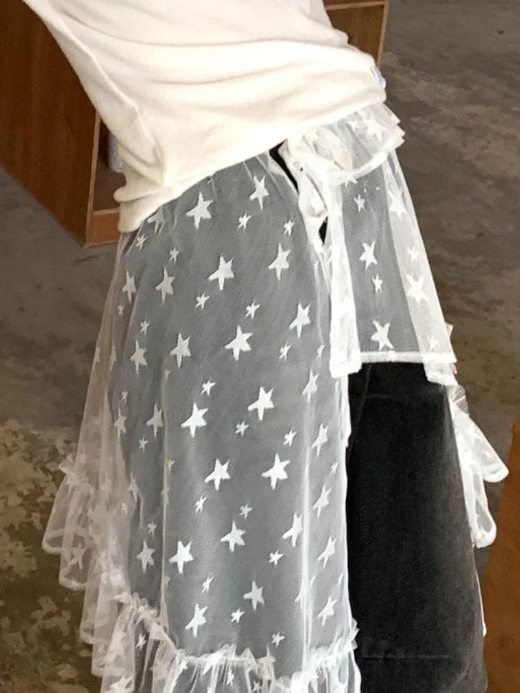 Fashion Star Gauze Sweet Irregular Chic Women Skirts Japanese Y2k Aesthetic Split Skirt Vintage Casual Lace Ruffled Fairy Faldas