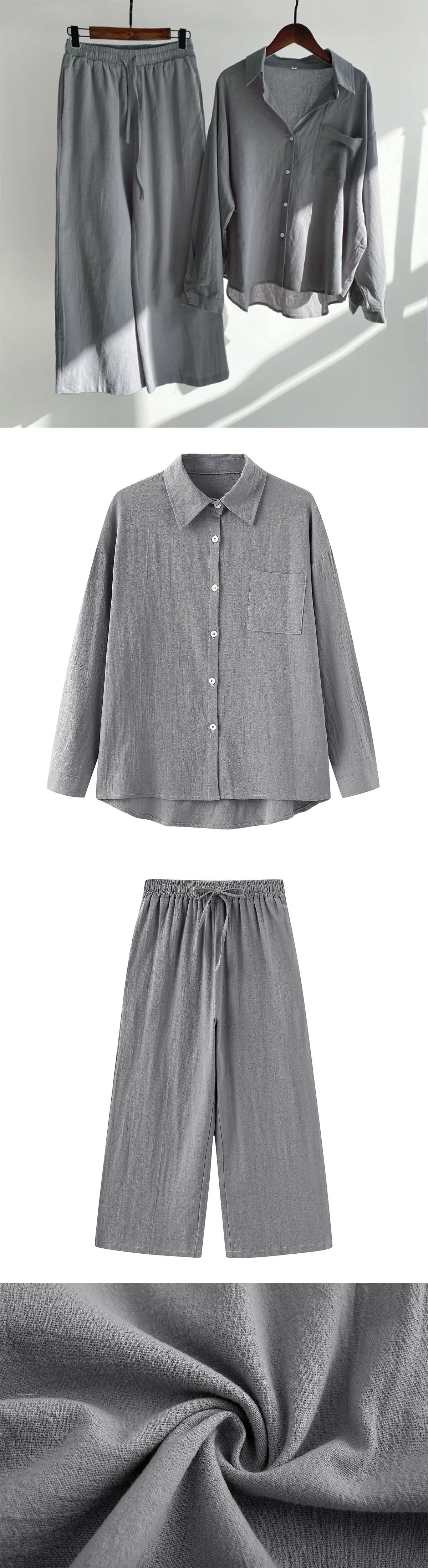 Loose Solid Color Cardigan Shirt Wide Leg Pants Women's 2-piece Set Of Retro Cotton Linen Shirt High Waist Long Pants Set Outfit