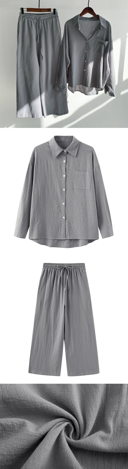 Loose Solid Color Cardigan Shirt Wide Leg Pants Women's 2-piece Set Of Retro Cotton Linen Shirt High Waist Long Pants Set Outfit