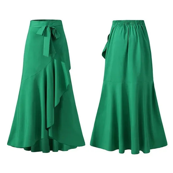 Spring Autumn Women Long Skirt High Waist Lace-up Ruffle Trim Plaid Print Bow Tie Irregular Hem Maxi Skirt Female 2025 New